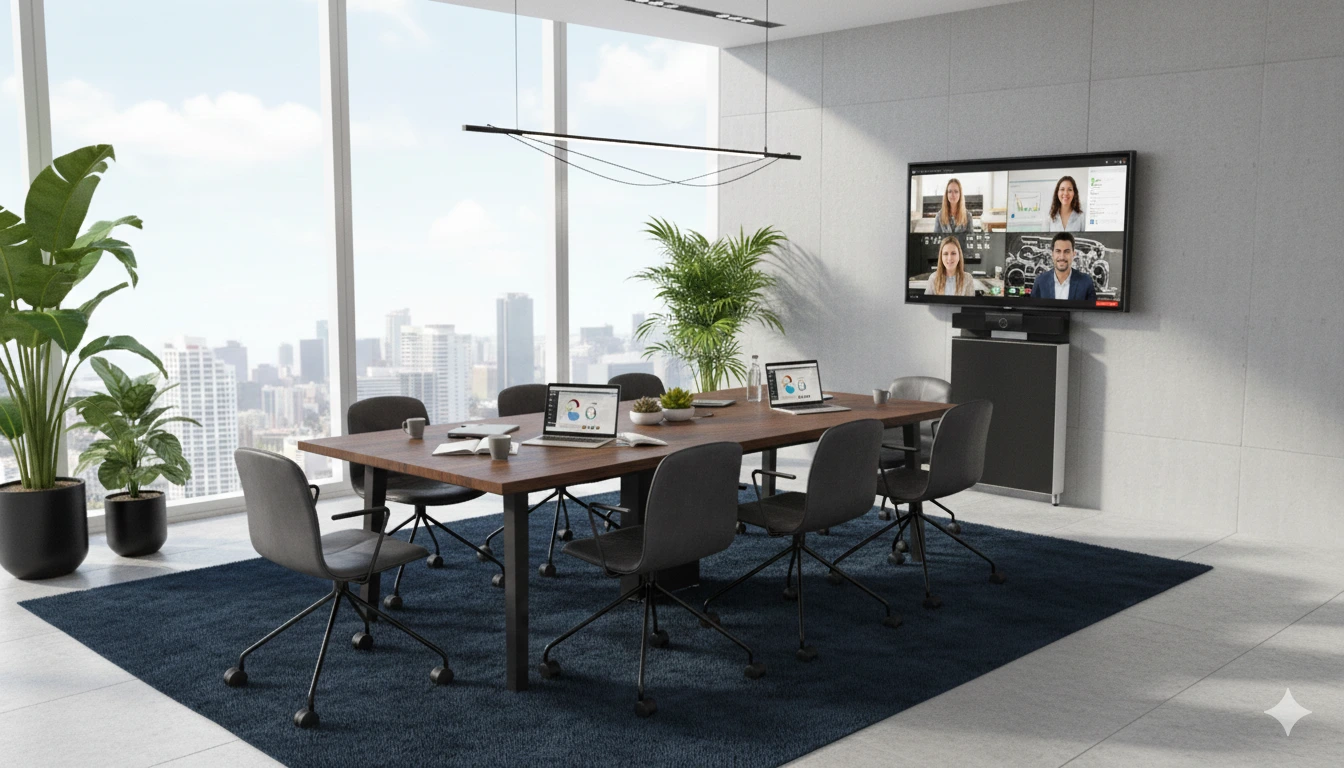 Videomöte i konferensrum Miami med PolyStudio och Pendax FlexPanel med svart tyg