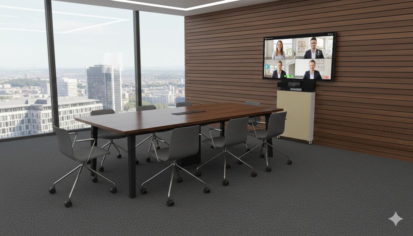 Videomöte i konferensrum Stuttgart med PolyStudio och Pendax FlexPanel