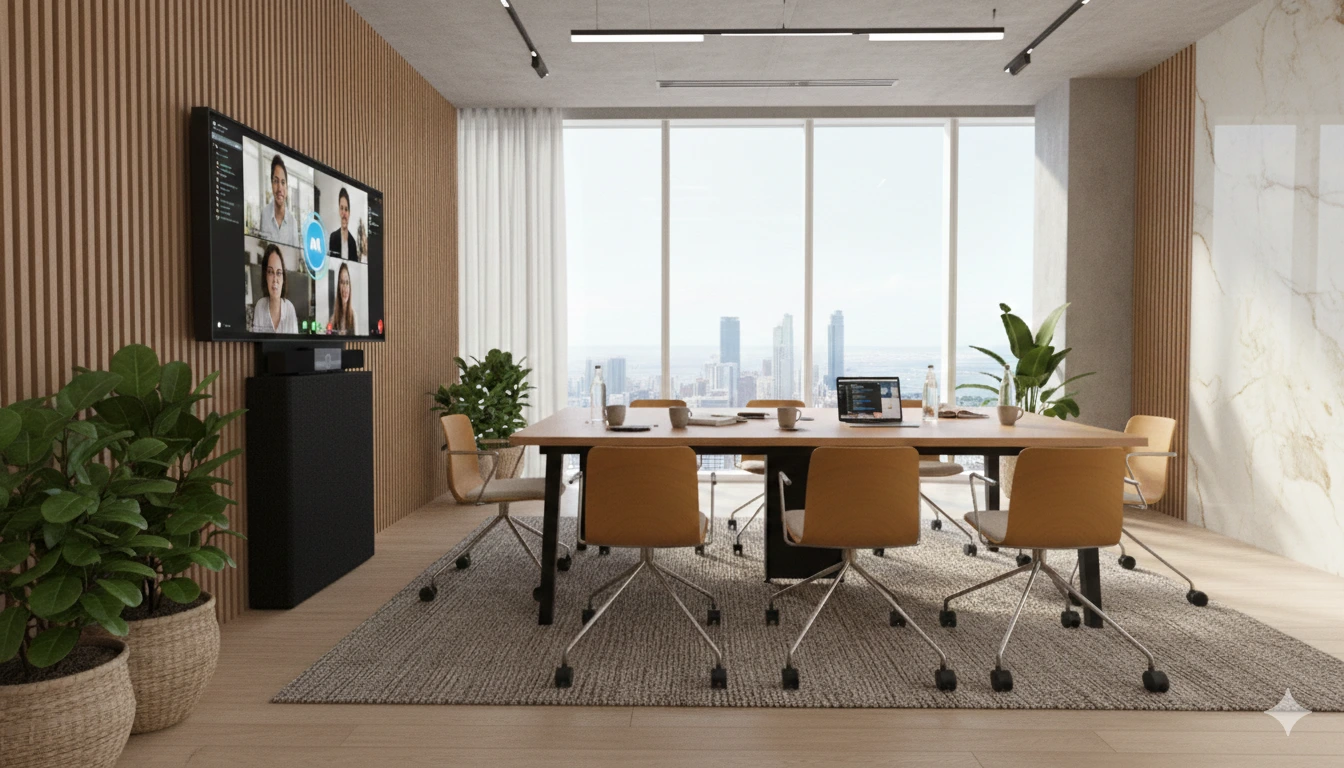 Videomöte i konferensrum Houston med PolyStudio och Pendax FlexPanel med svart tyg