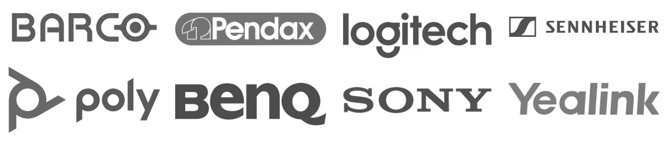Logotyper för Barco, Pendax, Logitech, Sennheiser, Poly, BenQ, Sony och Yealink
