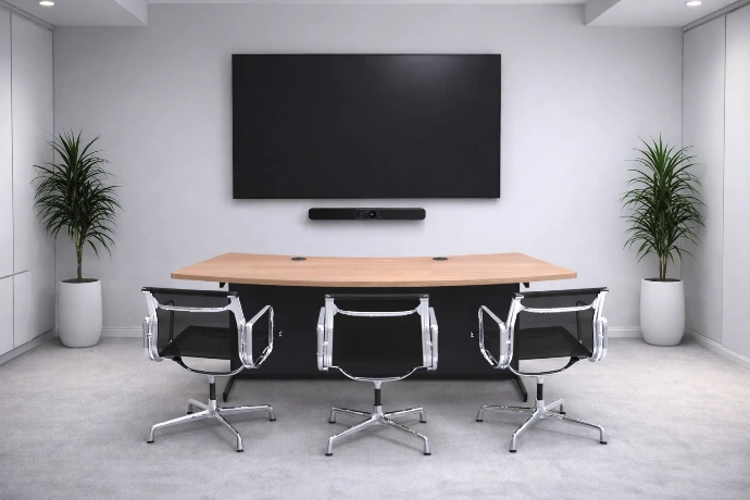 Litet mötesrum med bord, stolar och en skärm med videobar på väggen