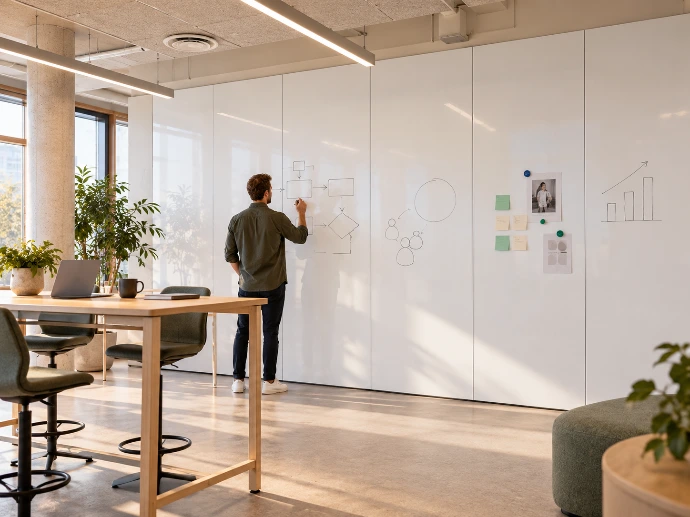Skrivtavelvägg i ett projektrum